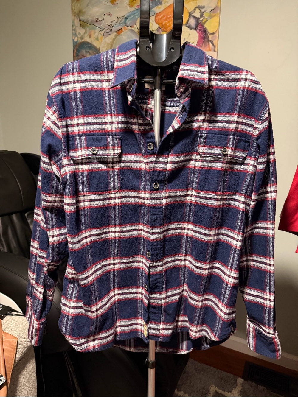 Men's Navy Red Flannel Plaid Button-Up Shirt